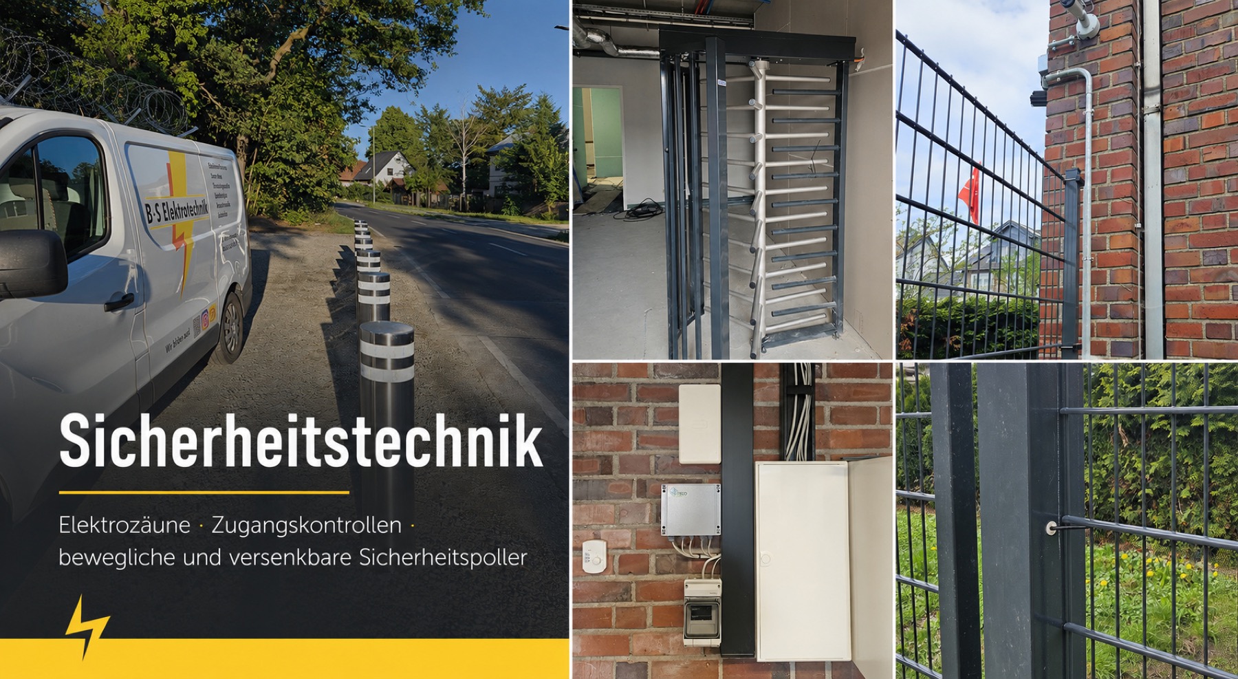 Collage: Sicherheitspoller, Drehkreuz, Kameramast, Steuerungstechnik und Zaunanlage